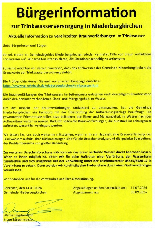 B&uuml;rgerinformation zur Trinkwasserversorgung 14.07.2026