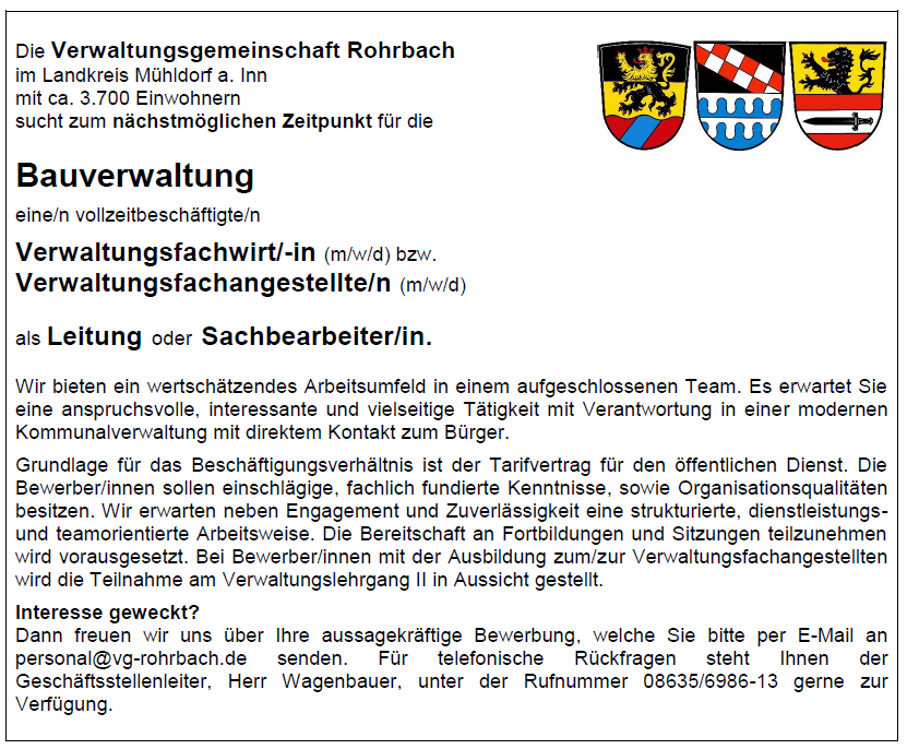 Stellenanzeige Bauverwaltung ohne Frist Stellenanzeige Bauverwaltung ohne Frist