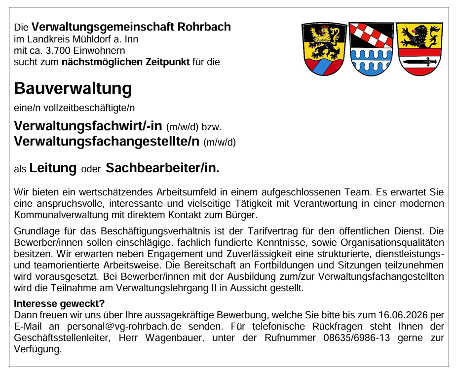 Stellenausschreibung Leitung oder Sachbearbeiter/in Bauverwaltung Stellenausschreibung Leitung oder Sachbearbeiter/in Bauverwaltung
